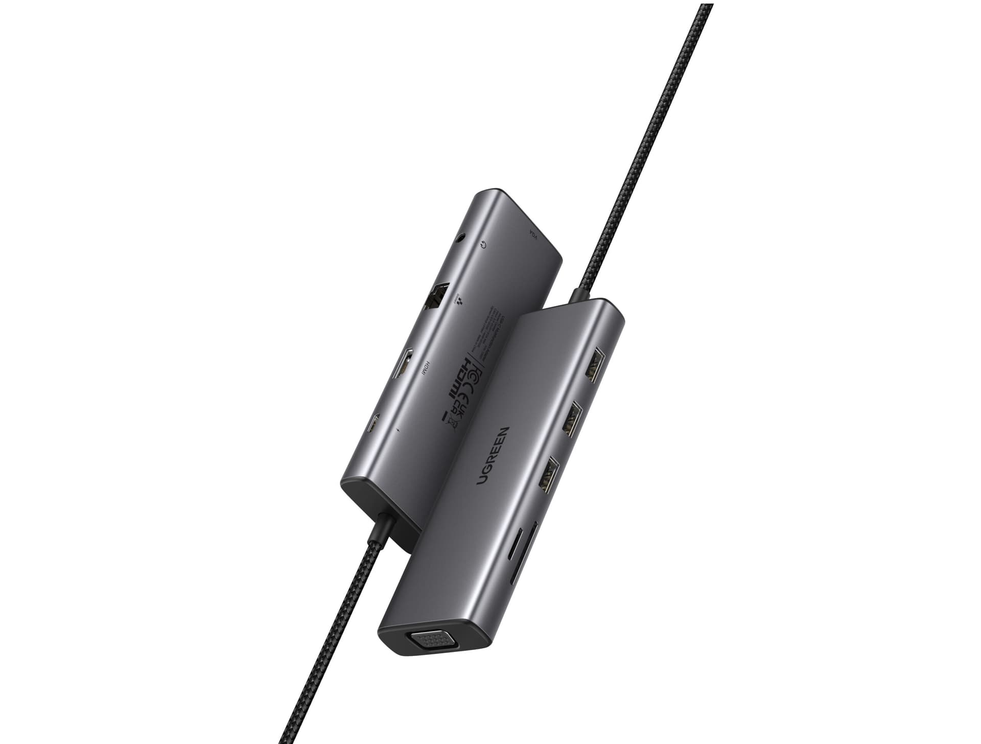 DOCKING Station Ugreen, "CM498" conec PC USB Type-C, HDMI(4K@30Hz), VGA, 3xUSB-A3.0, Gigabit RJ45, card reader SD/TF, jack 3.5mm, PD(100W), aluminiu, gri "15601"