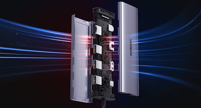 DOCKING Station Ugreen, "CM498" conec PC USB Type-C, HDMI(4K@30Hz), VGA, 3xUSB-A3.0, Gigabit RJ45, card reader SD/TF, jack 3.5mm, PD(100W), aluminiu, gri "15601" — miniatură