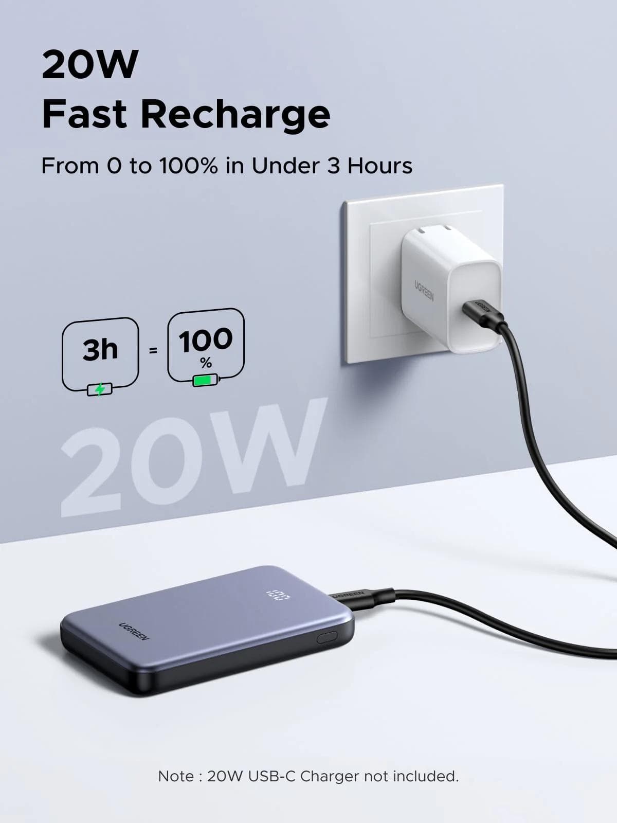POWER BANK Ugreen "PB507", 10000mAh, 20W, 1 x USB, 1 x USB Type-C, display, gri, "75131B" — miniatură