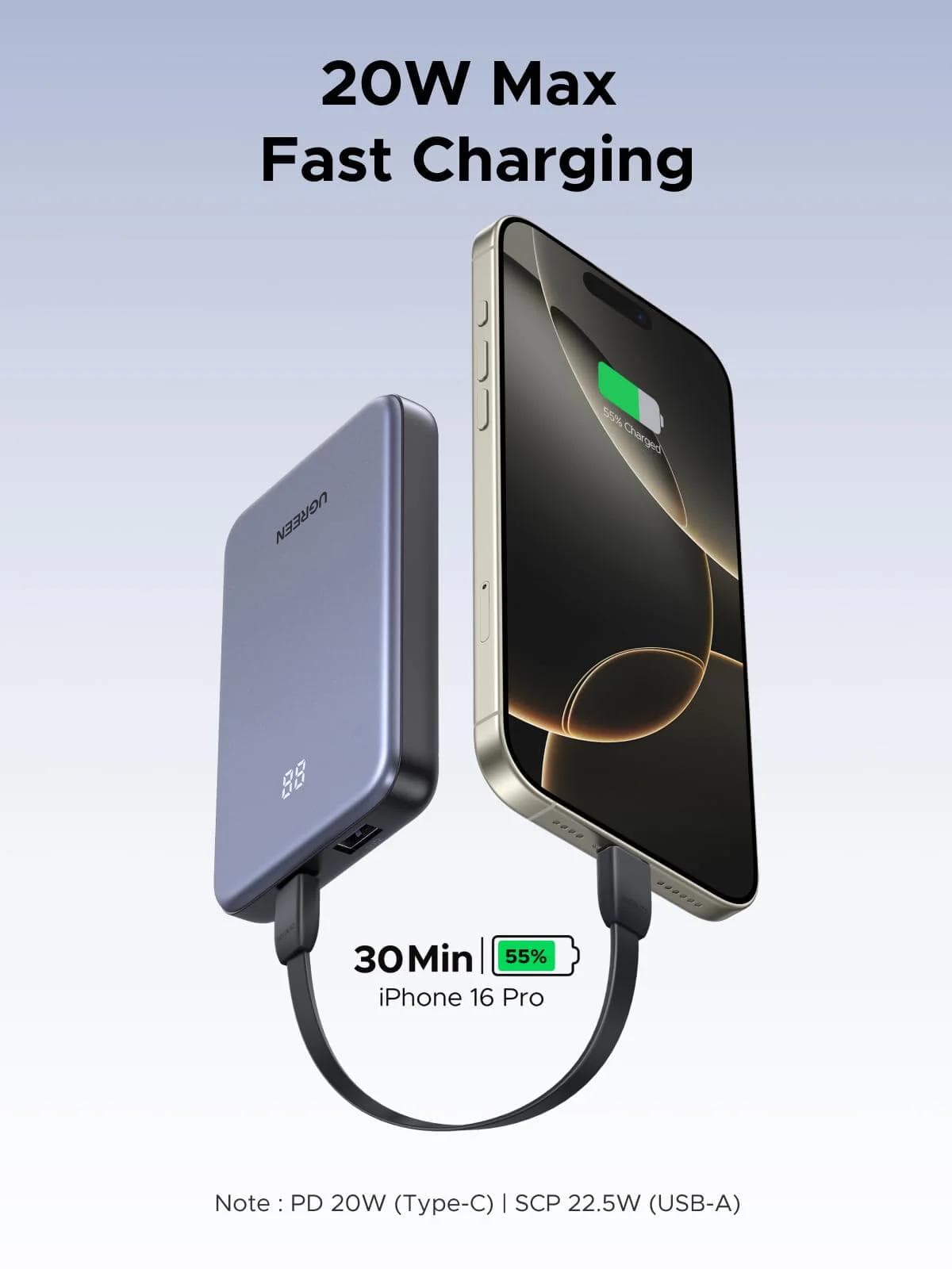 POWER BANK Ugreen "PB507", 10000mAh, 20W, 1 x USB, 1 x USB Type-C, display, gri, "75131B" — miniatură