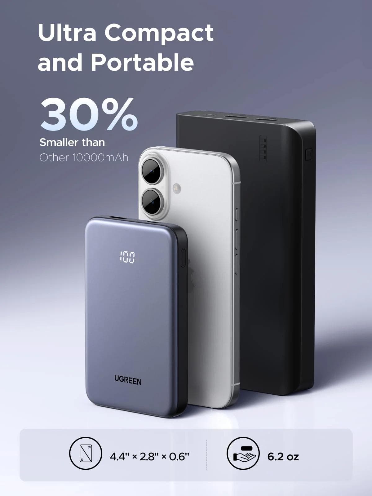 POWER BANK Ugreen "PB507", 10000mAh, 20W, 1 x USB, 1 x USB Type-C, display, gri, "75131B" — miniatură