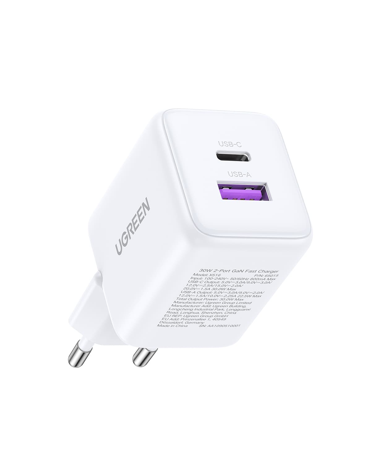 INCARCATOR retea Ugreen GaN "X516" Quick Charge 30W, 1 x USB Type-C, 1 x USB, alb "65015" — miniatură