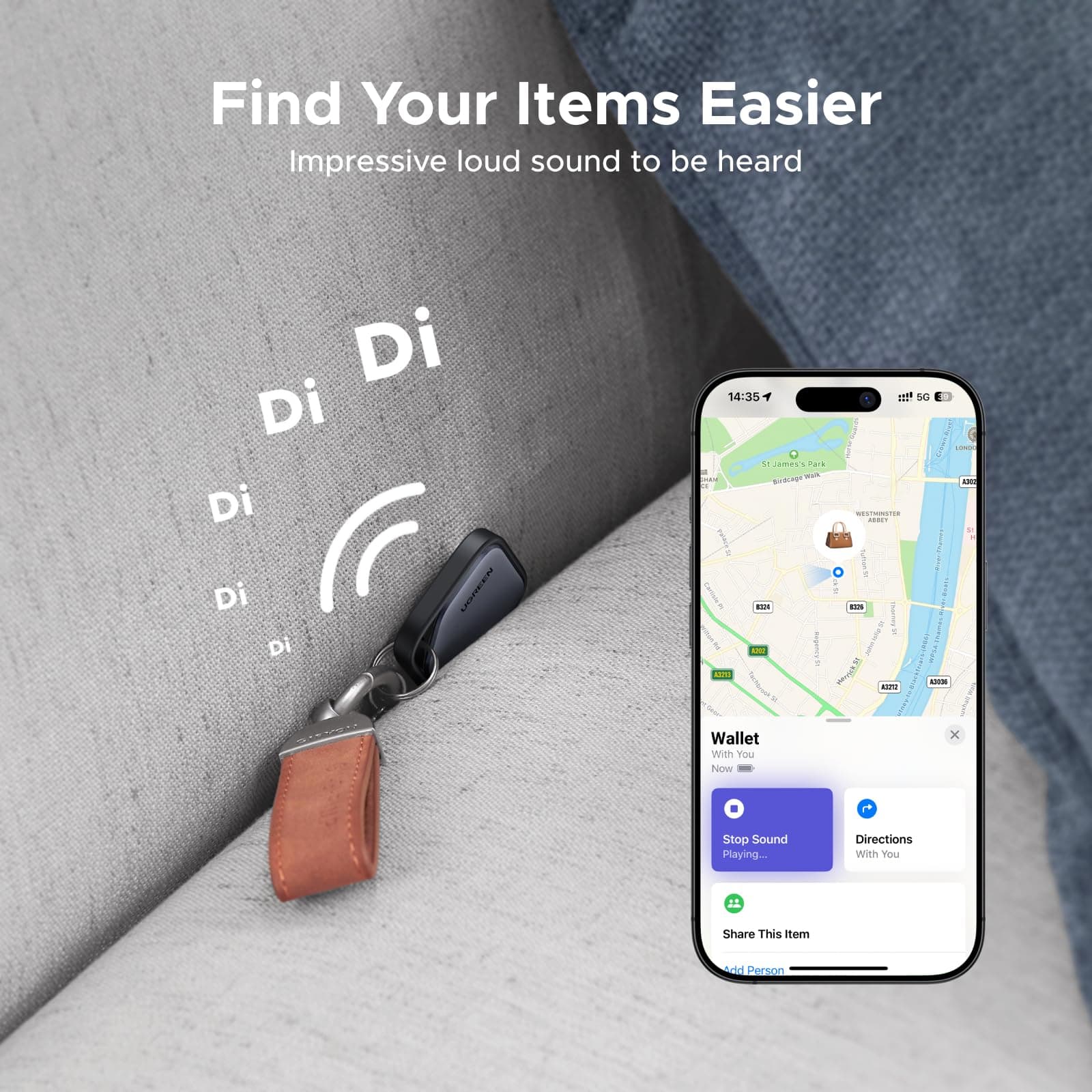 SMART TRACKER Ugreen "CM916", bluetooth 5, compatibil Android si IOS, baterie CR2032(nu este inclusa), gri "75646" — miniatură