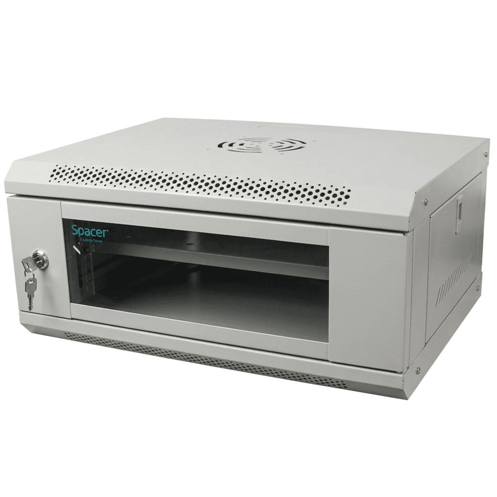 CABINET 19" SPACER 4U 500x400mm, fixare pe perete, Flatpack (dezasamblat), Grey, usa sticla cu blocare, panouri detasabile, otel 1mm, sarcina maxima 25Kg, contine un raft, "SPCW-4U-400-GR-02"