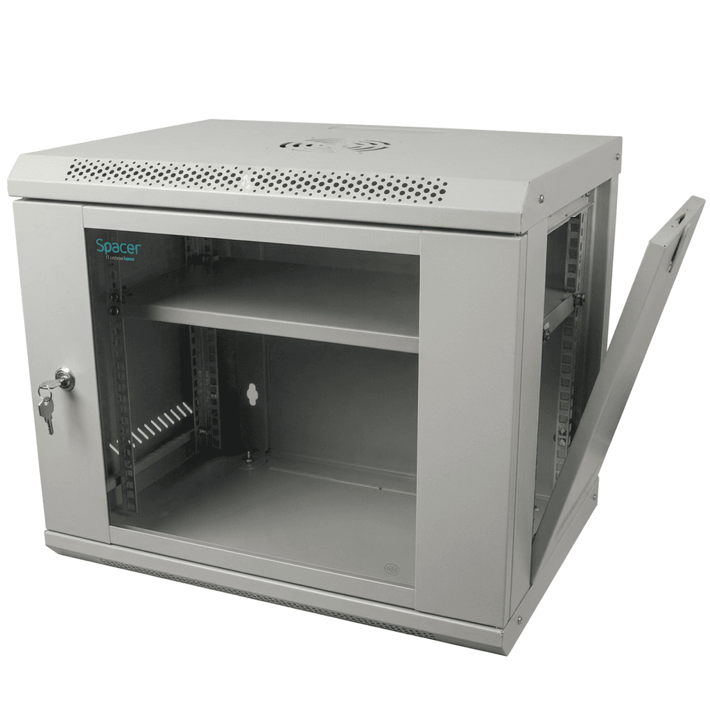 CABINET 19" SPACER 9U 500x450mm, fixare pe perete, Flatpack (dezasamblat), Grey, usa sticla cu blocare, panouri detasabile, otel 1mm, sarcina maxima 25Kg, contine un raft, "SPCW-9U-450-GR-02" — miniatură
