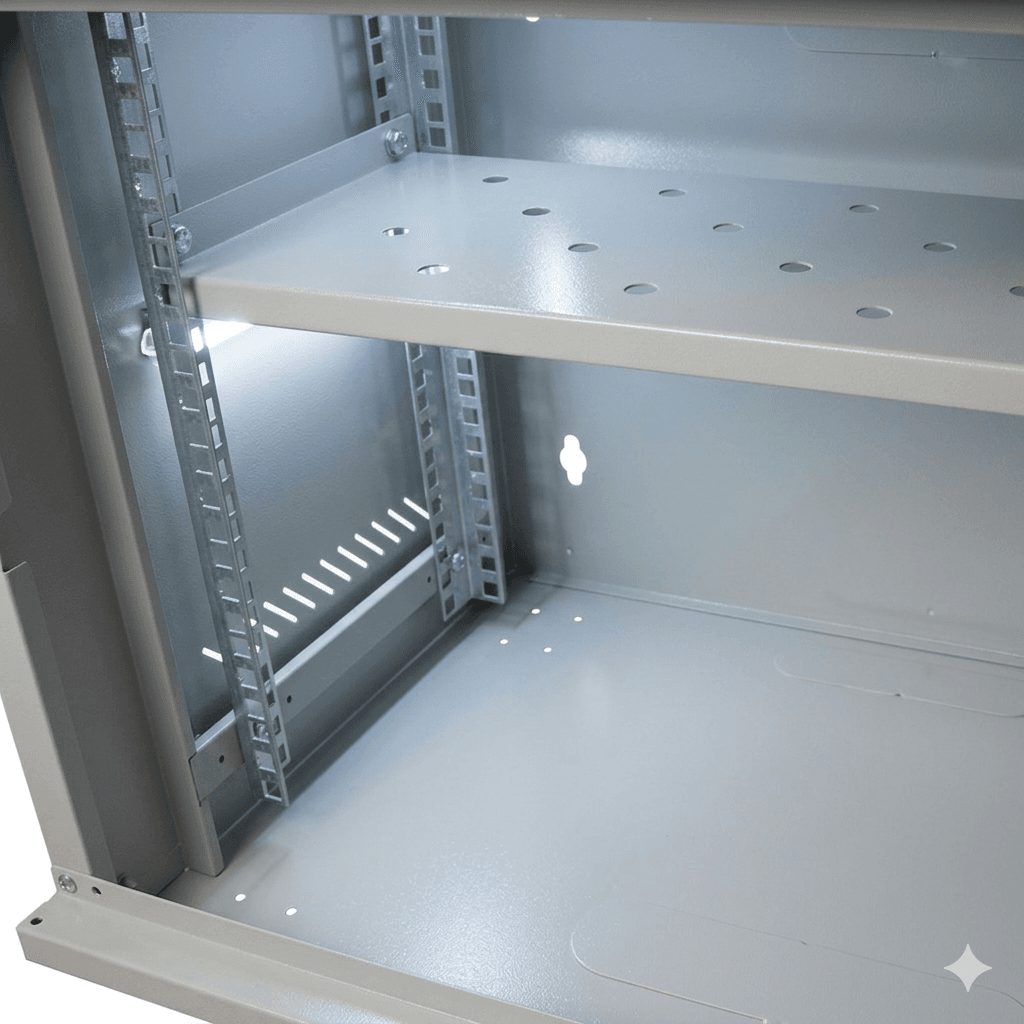 CABINET 19" SPACER 9U 500x400mm, fixare pe perete, Flatpack (dezasamblat), Grey, usa sticla cu blocare, panouri detasabile, otel 1mm, sarcina maxima 25Kg, contine un raft, "SPCW-9U-400-GR-02" — miniatură