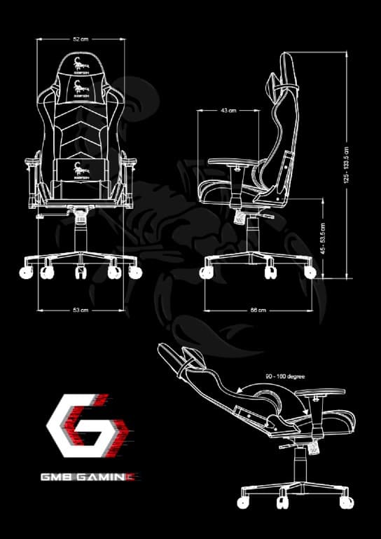 SCAUN GAMING GEMBIRD, ergonomic, reglabil inaltime, rotatie 360 gr, black & yellow, brate ajustabile, greutate max. 136kg, perna tetiera, perna lombara, dimensiuni 52*80*125~133.5cm "GC-SCORPION-05X" — miniatură