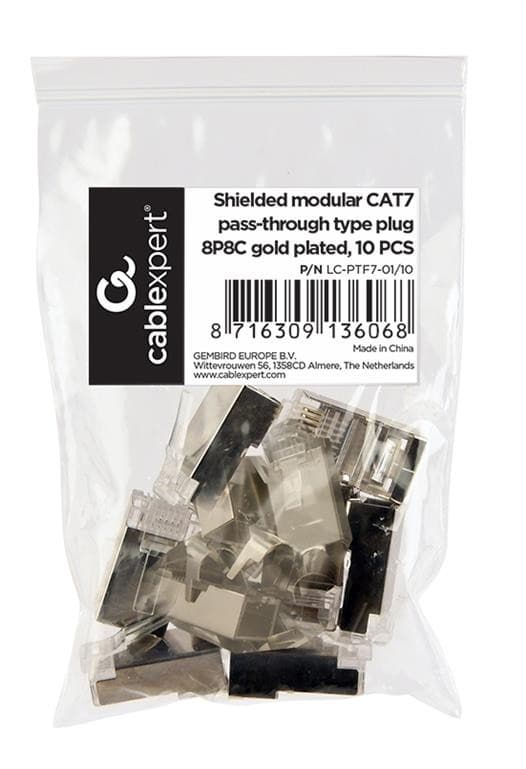 MUFA RJ-45 GEMBIRD pt. cablu FTP/SFTP, Cat7, RJ-45 (T) | RJ-45 (T) tip pass-through, ecranat, plastic cu metal, 10 buc, "LC-PTF7-01/10" — miniatură