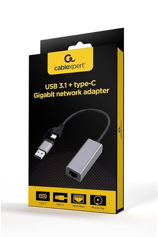 ADAPTOR RETEA GEMBIRD, extern, USB-A 3.1 + Type-C, port RJ-45, 1000 Mbps, silver, "A-USB3AC-LAN-01" — miniatură