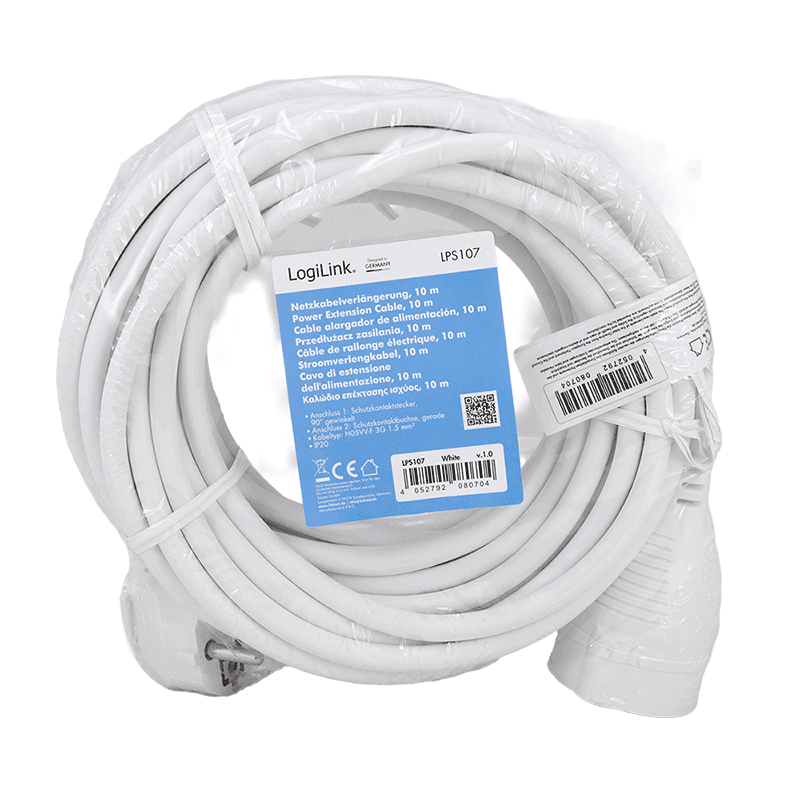 CABLU alimentare LOGILINK prelungitor, 10m, intrare Schuko (T) plug, iesire Schuko (M) plug 90 grade, 16A, 3500W, 3x1.5mm2, white, "LPS107" — miniatură