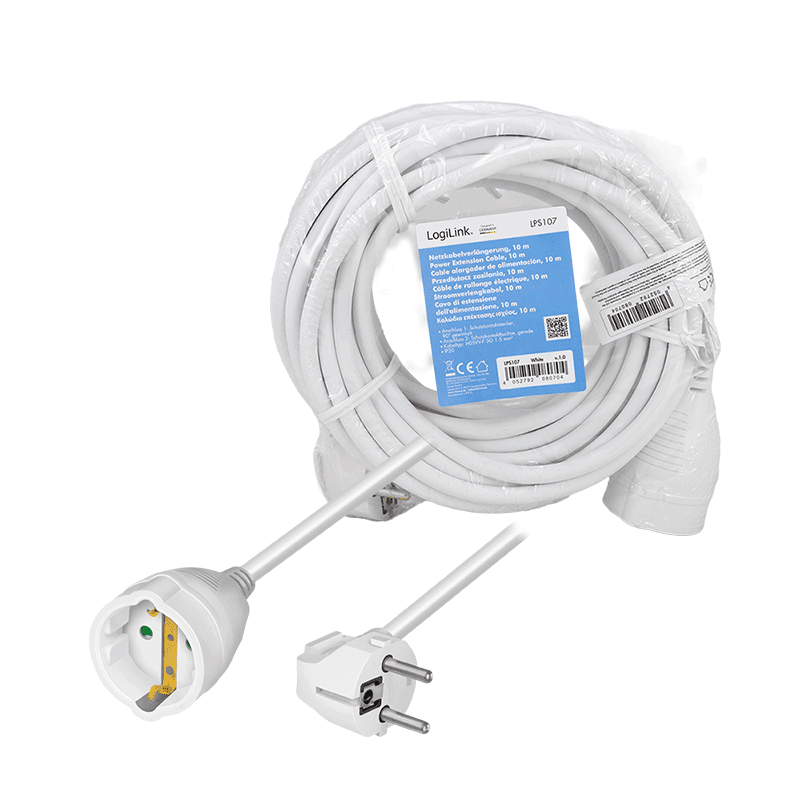CABLU alimentare LOGILINK prelungitor, 10m, intrare Schuko (T) plug, iesire Schuko (M) plug 90 grade, 16A, 3500W, 3x1.5mm2, white, "LPS107" — miniatură