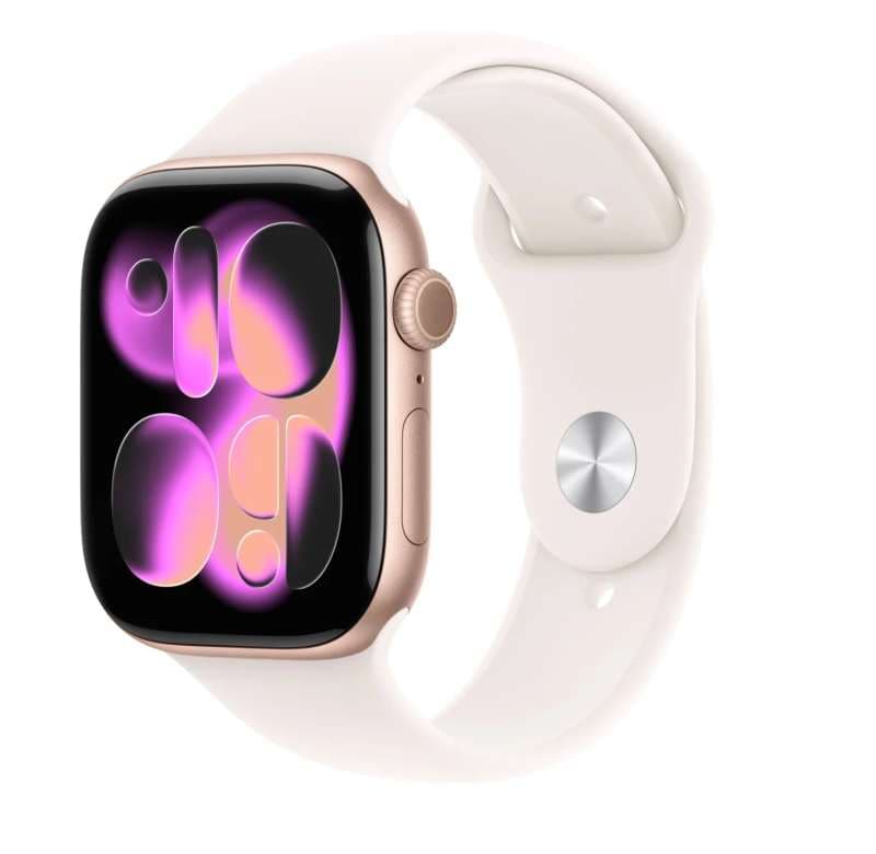 Smartwatch Apple Watch 11, GPS, 42mm, Ecran Retina LTPO OLED, Chip S10 cu Procesor Dual-Core, 64GB Flash, Wi-Fi, Bluetooth, Carcasa Aluminiu, Curea Sport Band S/M (Auriu) "MEU04WF/A"