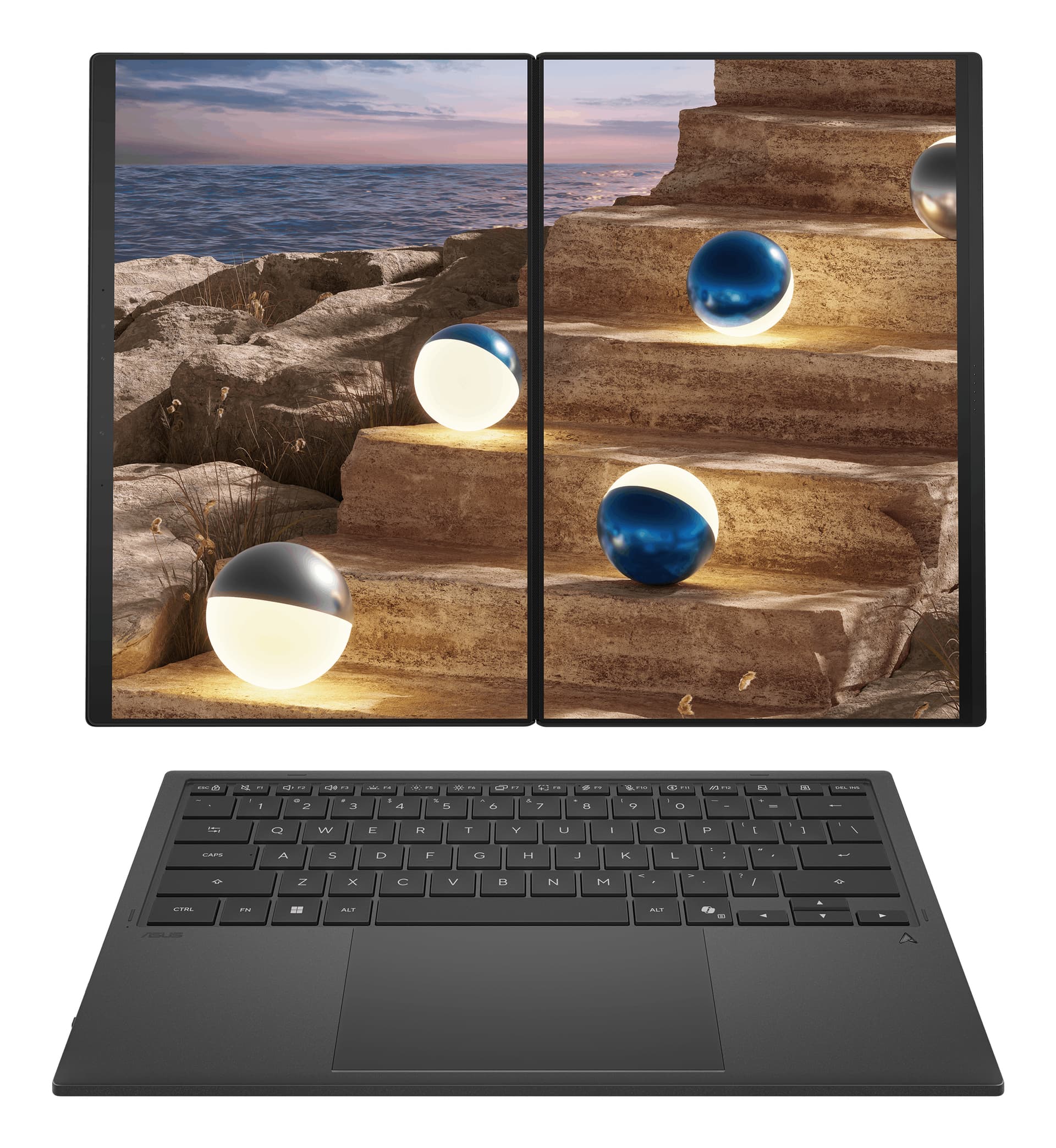 14 Zenbook DUO UX8407AA, 3K OLED 144Hz Touch, Procesor Intel® CoreTM Ultra X9 388H (18M Cache, up to 5.10 GHz), 32GB LPDDR5X, 2TB SSD, Intel Arc B390, Win 11 Pro, Moher Gray "UX8407AA-SN094X" — miniatură