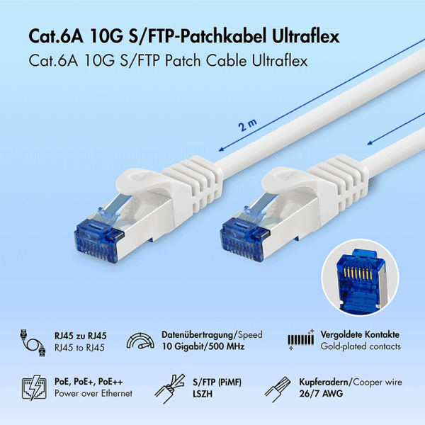 PATCH CORD S/FTP LOGILINK Cat6a, LSZH, Ultraflex, cupru, PoE/PoE+/PoE++, 2 m, alb, AWG26, dublu ecranat "C6A051S" — miniatură