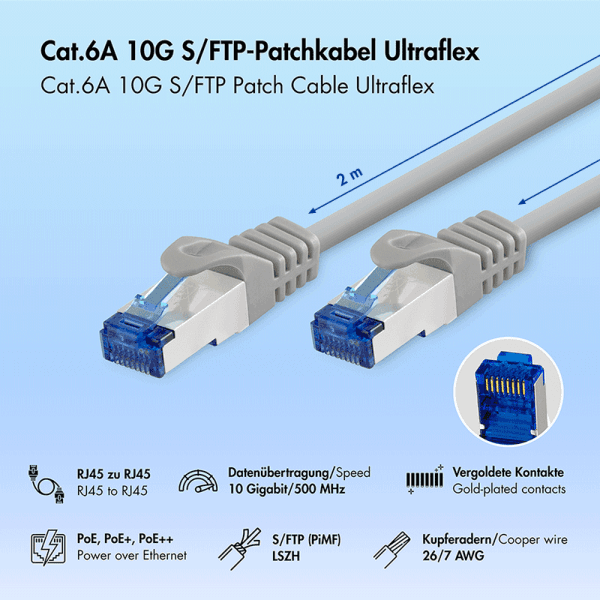 PATCH CORD S/FTP LOGILINK Cat6a, LSZH, Ultraflex, cupru, PoE/PoE+/PoE++, 2 m, gri, AWG26, dublu ecranat "C6A052S" — miniatură