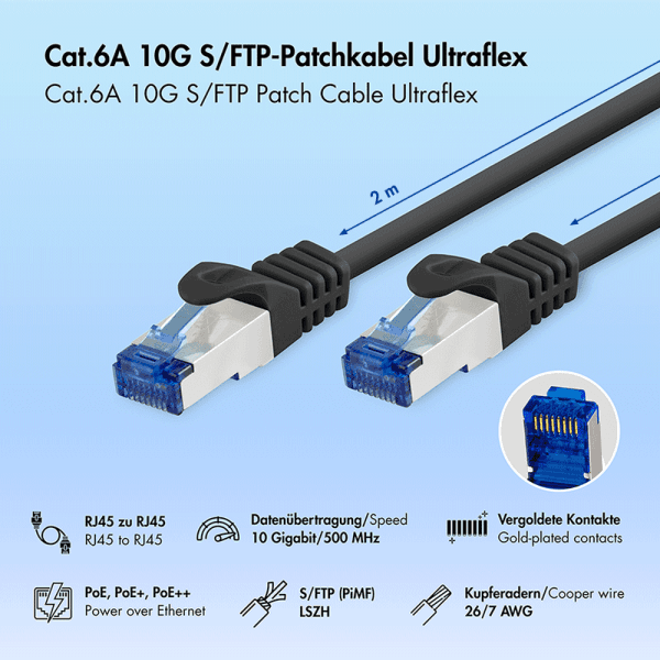 PATCH CORD S/FTP LOGILINK Cat6a, LSZH, Ultraflex, cupru, PoE/PoE+/PoE++, 2 m, negru, AWG26, dublu ecranat "C6A053S" — miniatură