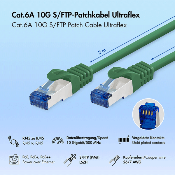 PATCH CORD S/FTP LOGILINK Cat6a, LSZH, Ultraflex, cupru, PoE/PoE+/PoE++, 2 m, verde, AWG26, dublu ecranat "C6A055S" — miniatură