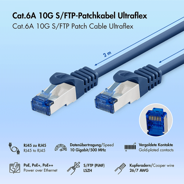 PATCH CORD S/FTP LOGILINK Cat6a, LSZH, Ultraflex, cupru, PoE/PoE+/PoE++, 2 m, albastru, AWG26, dublu ecranat "C6A056S" — miniatură