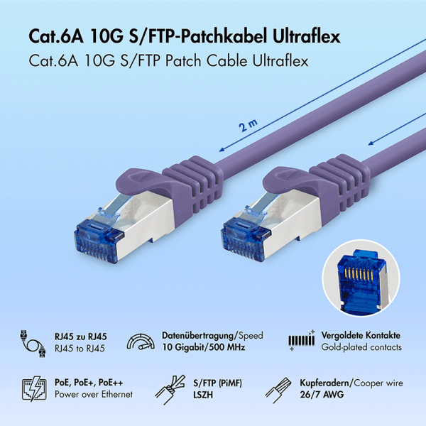 PATCH CORD S/FTP LOGILINK Cat6a, LSZH, Ultraflex, cupru, PoE/PoE+/PoE++, 2 m, violet, AWG26, dublu ecranat "C6A059S" — miniatură