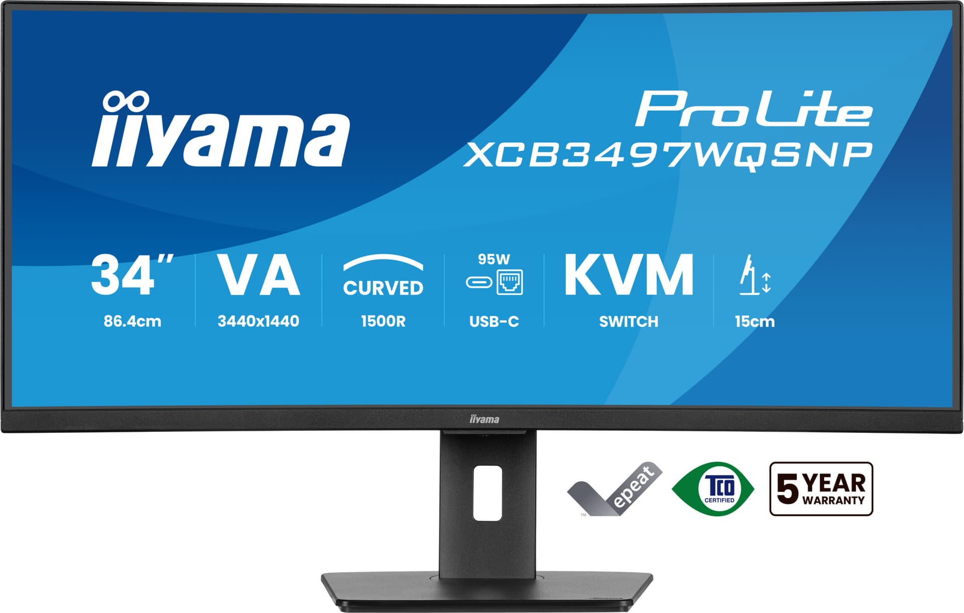 Monitor VA LED Iiyama 34" XCB3497WQSNP-B1, WQHD (3440 x 1440), HDMI, DisplayPort, Boxe, Ecran curbat (Negru) "XCB3497WQSNP-B1" — miniatură