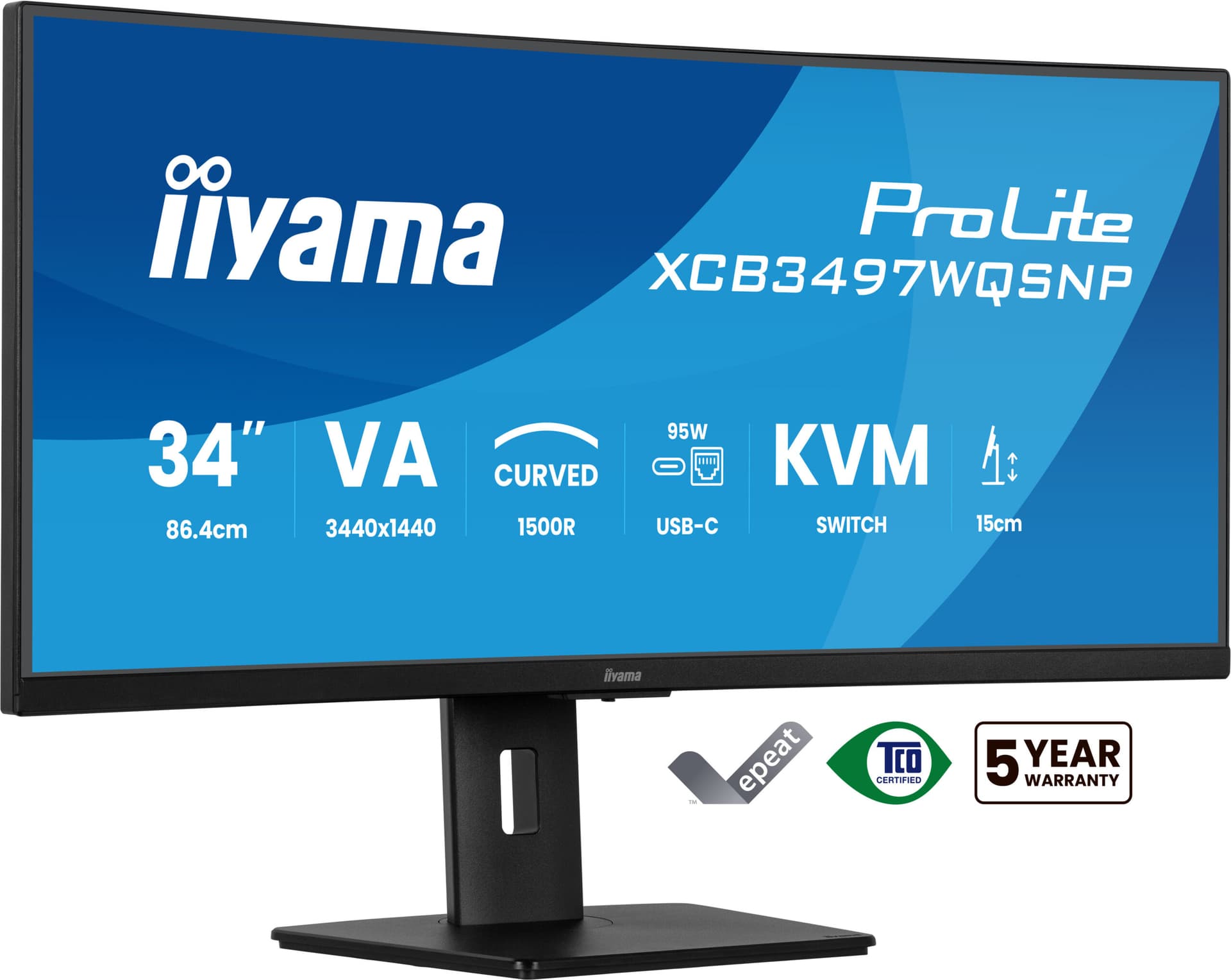 Monitor VA LED Iiyama 34" XCB3497WQSNP-B1, WQHD (3440 x 1440), HDMI, DisplayPort, Boxe, Ecran curbat (Negru) "XCB3497WQSNP-B1"
