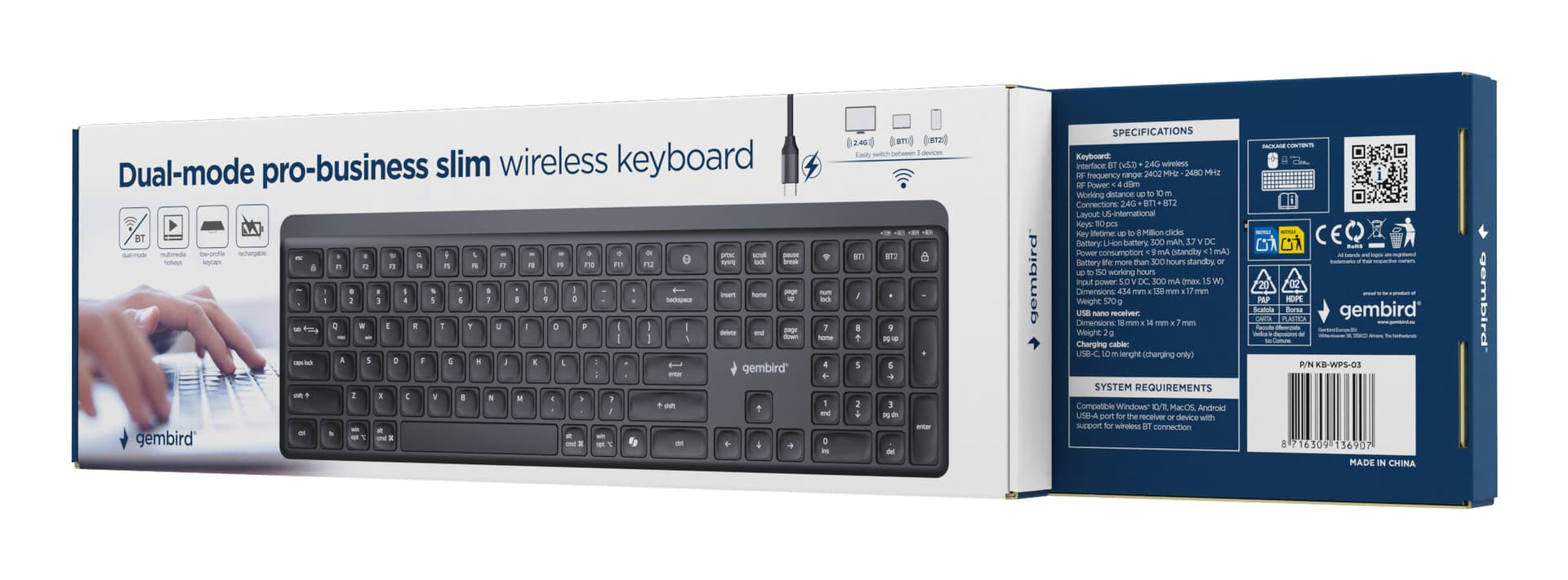 TASTATURA GEMBIRD wireless, dual-mode BT v5.1 + 2.4Ghz, 110 taste, Li-ion 300mAh, USB-C, black, "KB-WPS-03" — miniatură