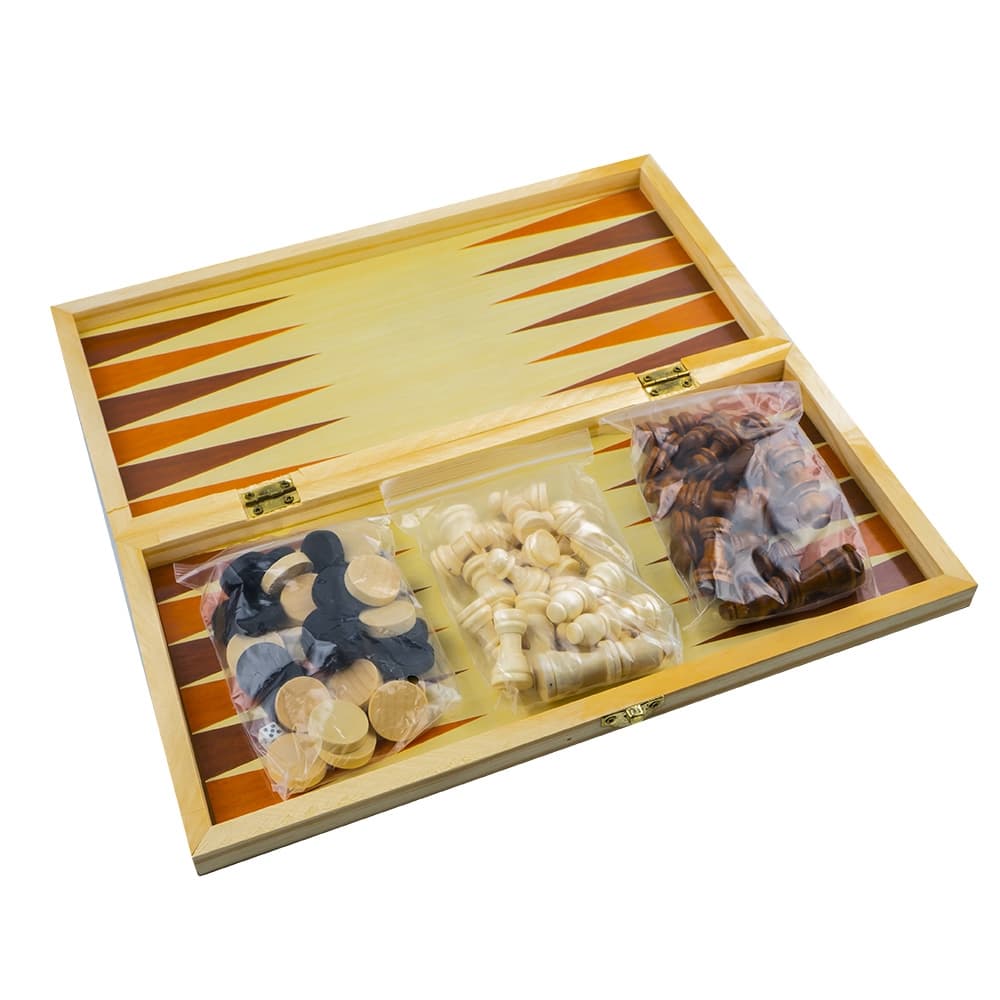 Joc 3 in 1: sah, table, dame! Cutie lemn, 39.5x19.5 cm — miniatură