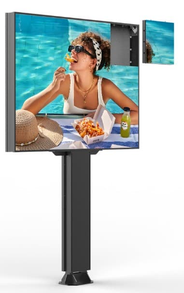 Panou publicitar LED exterior 2 fețe – ecran LED + poster, 5000 cd/m², contrast 5000:1, pixel pitch 5.0 mm,vizibil 4x3 m