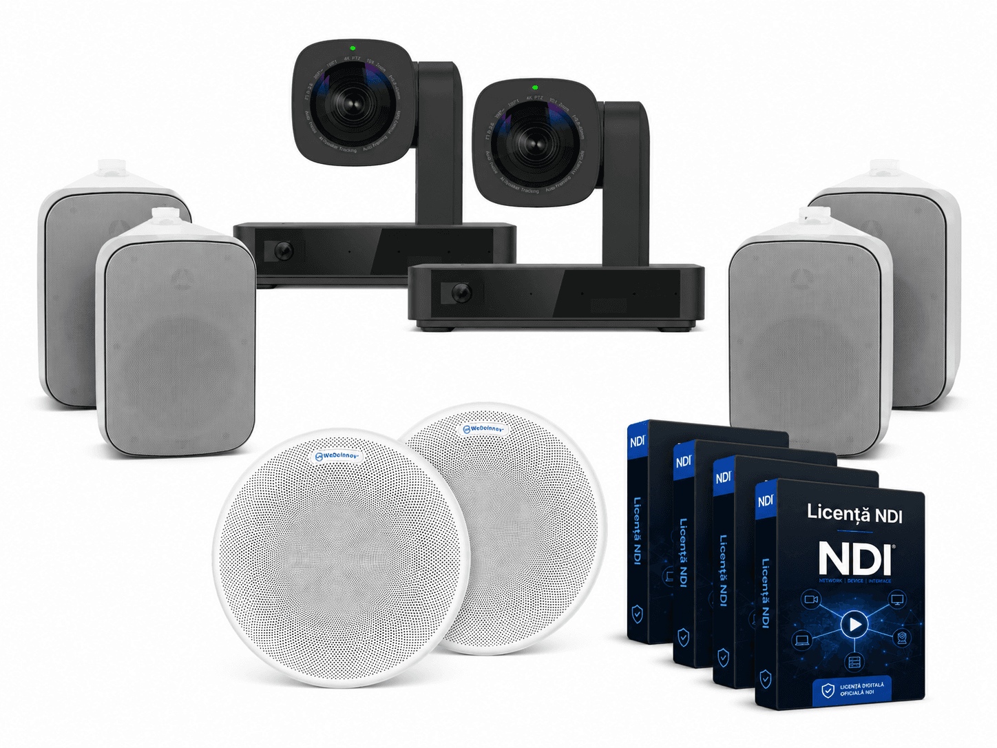 Pachet videoconferință 4K PTZ + 2x microfon tavan + 4x boxe DSP5020 + 4x licență NDI – Large Room