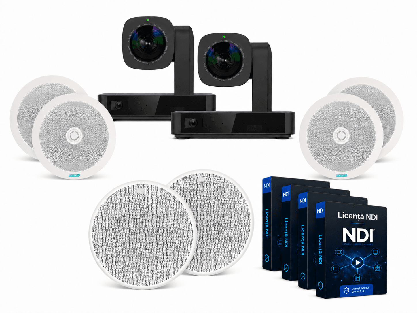 Pachet videoconferință 4K PTZ + 2x microfon tavan + 4x boxe DSP703 + 4x licență NDI – Large Room