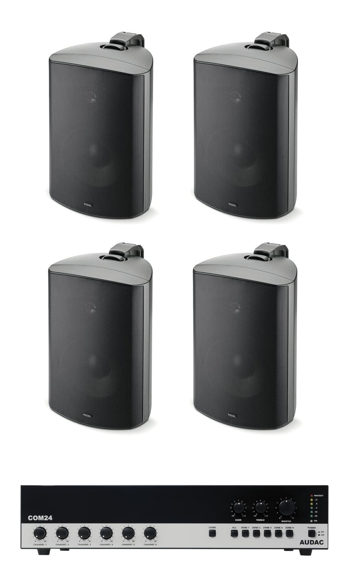 Pachet Sonorizare Terasa 240W pe 100V cu amplif. AUDAC COM24MK2 si 4x boxe Focal 100 OD6-T negru - TG26