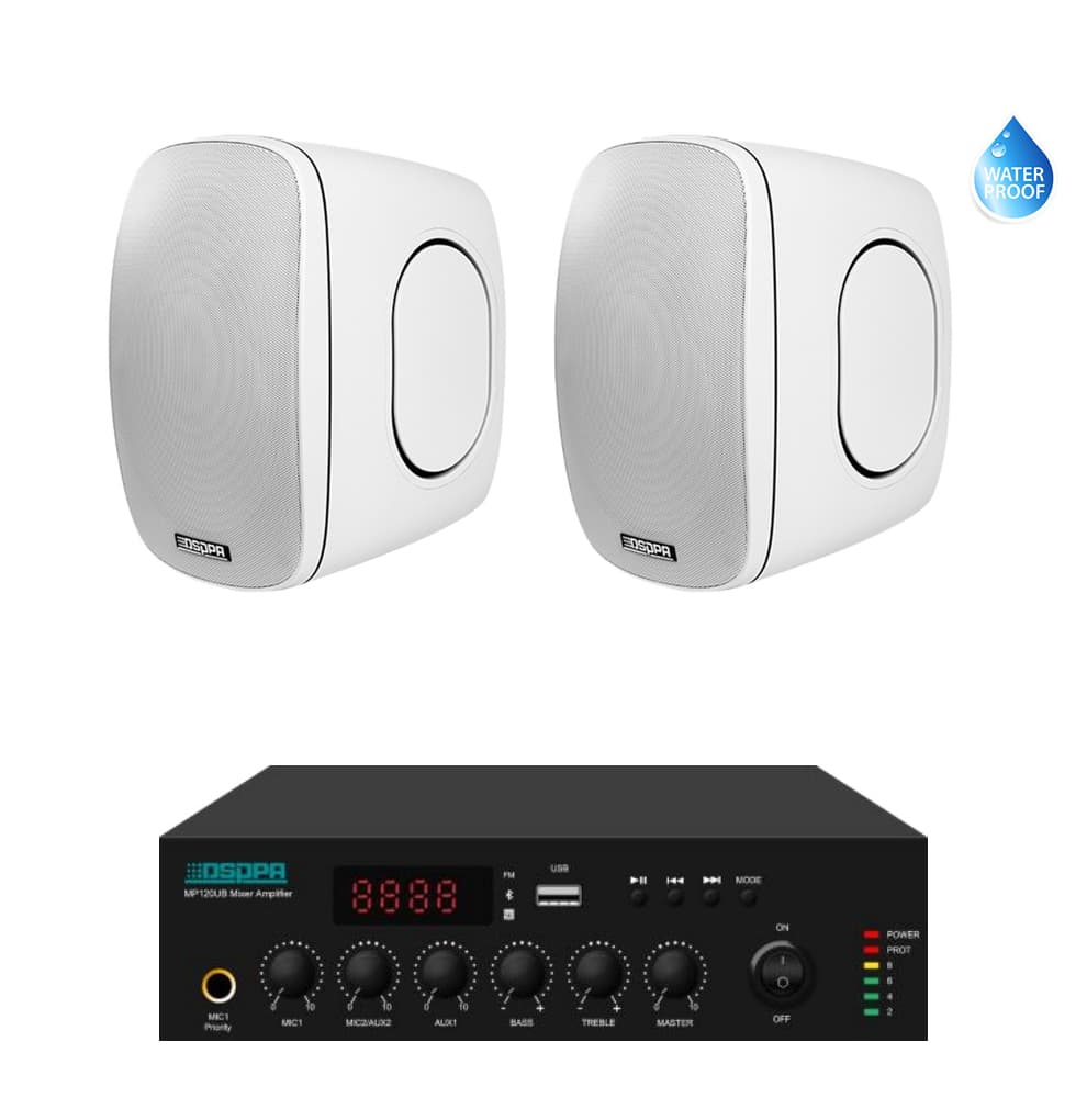 Pachet Sonorizare Terasa 100W pe 100V cu amplif. DSPPA MP120UB si 2x boxe DSP6050 Alb - TG26