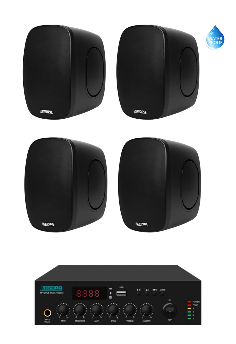 Pachet Sonorizare Terasa 200W pe 100V cu amplif. DSPPA MP250UB si 4x boxe DSP6050 Negru - TG26
