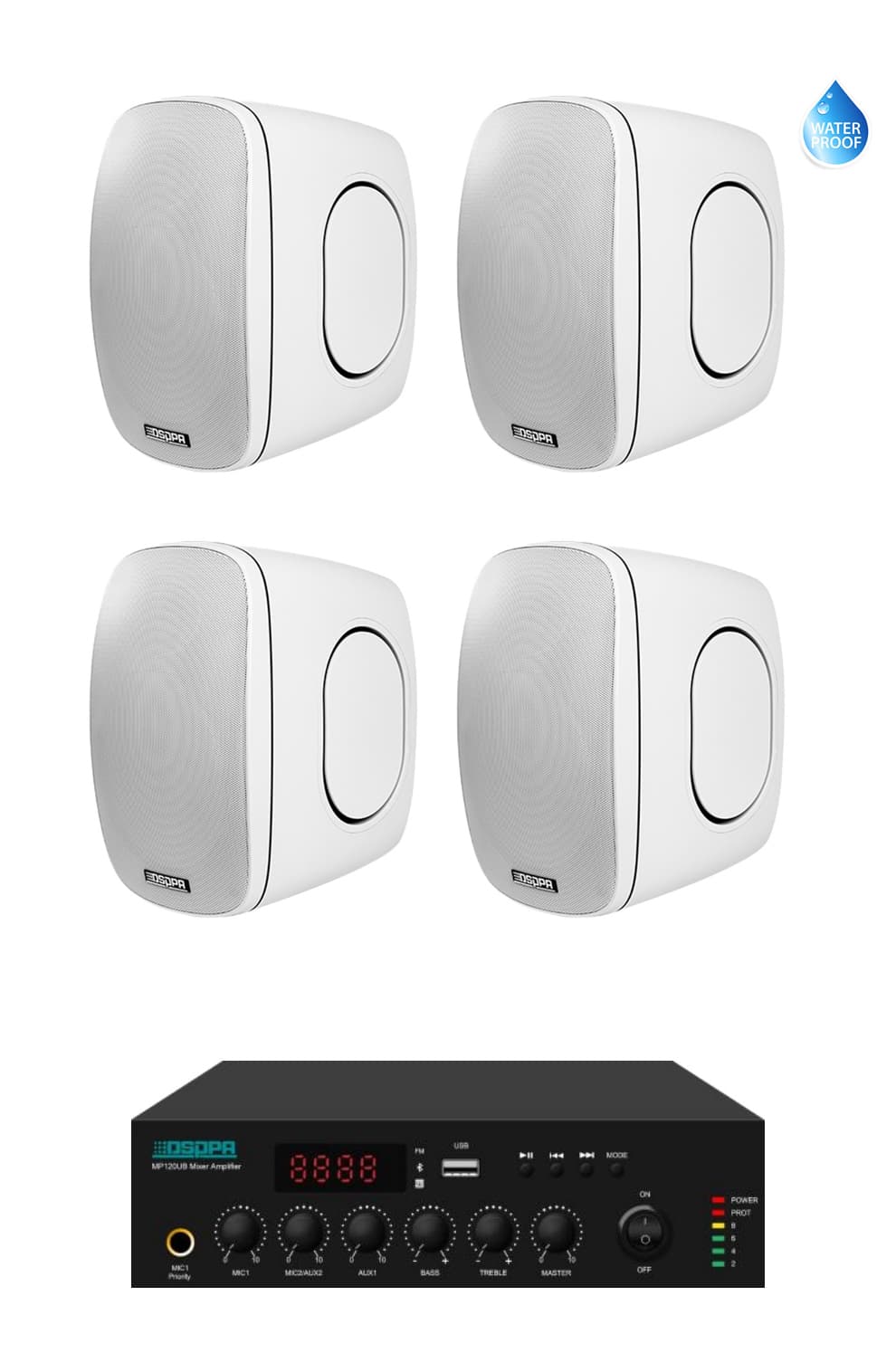 Pachet Sonorizare Terasa 200W pe 100V cu amplif. DSPPA MP250UB si 4x boxe DSP6050 Alb - TG26