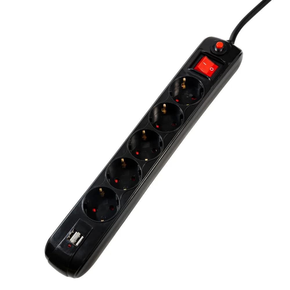 PRELUNGITOR SPACER, Schuko x 5, conectare prin Schuko (T), USB x 2, cablu 1.8 m, 16 A, max. 3500W, protectie supratensiune, negru