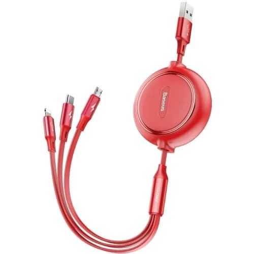 CABLU alimentare si date Baseus Golden Loop, retractabil 3-in-1, pt smartphone,USB la Micro-USB + Lightning + USB Type-C 3.5, 1.2m, rosu "CAMLT-JH09" - 6953156295711