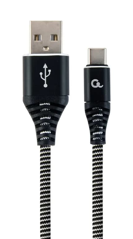 CABLU alimentare si date GEMBIRD, pt. smartphone, USB 2.0 (T) la USB 2.0 Type-C (T), 1m, premium, cablu cu impletire din bumbac, negru cu insertii albe, "CC-USB2B-AMCM-1M-BW"