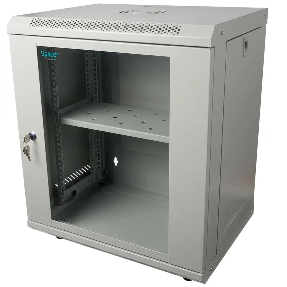 CABINET 19" SPACER 12U 500x400mm, fixare pe perete, Flatpack (dezasamblat), Grey, usa sticla cu blocare, panouri detasabile, otel 1mm, sarcina maxima 25Kg, contine un raft si roti, "SPCW-12U-400-GR-02"