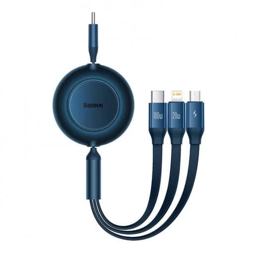 CABLU alimentare si date Baseus Bright Mirror 2, retractabil 3-in-1, pt smartphone,USB Type-C la Micro-USB + Lightning + USB Type-C 100W, 1.1m, albastru "CAMJ010203" - 6932172609146