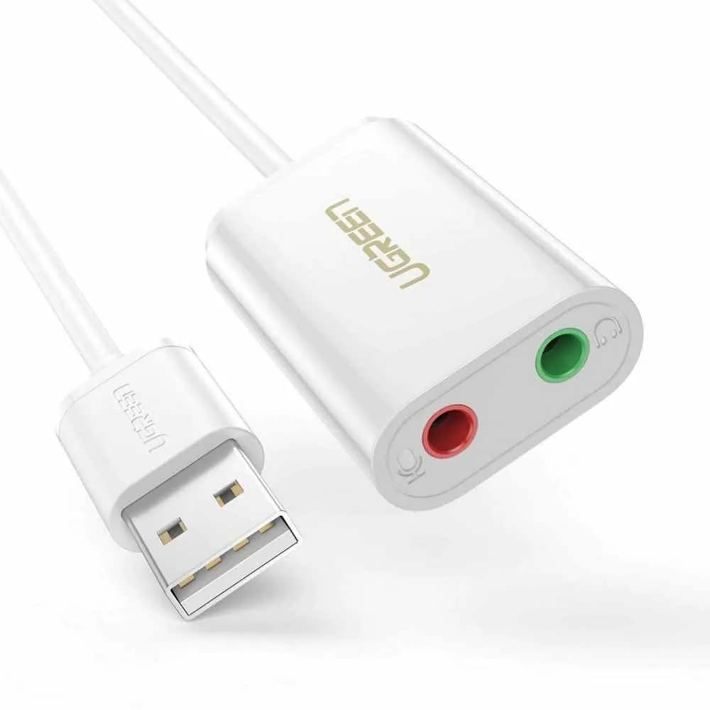 PLACA de SUNET Ugreen, "US205" extern, interfata USB 2.0, conectori 2 x jack 3.5 mm, alb "30143" - 6957303831432