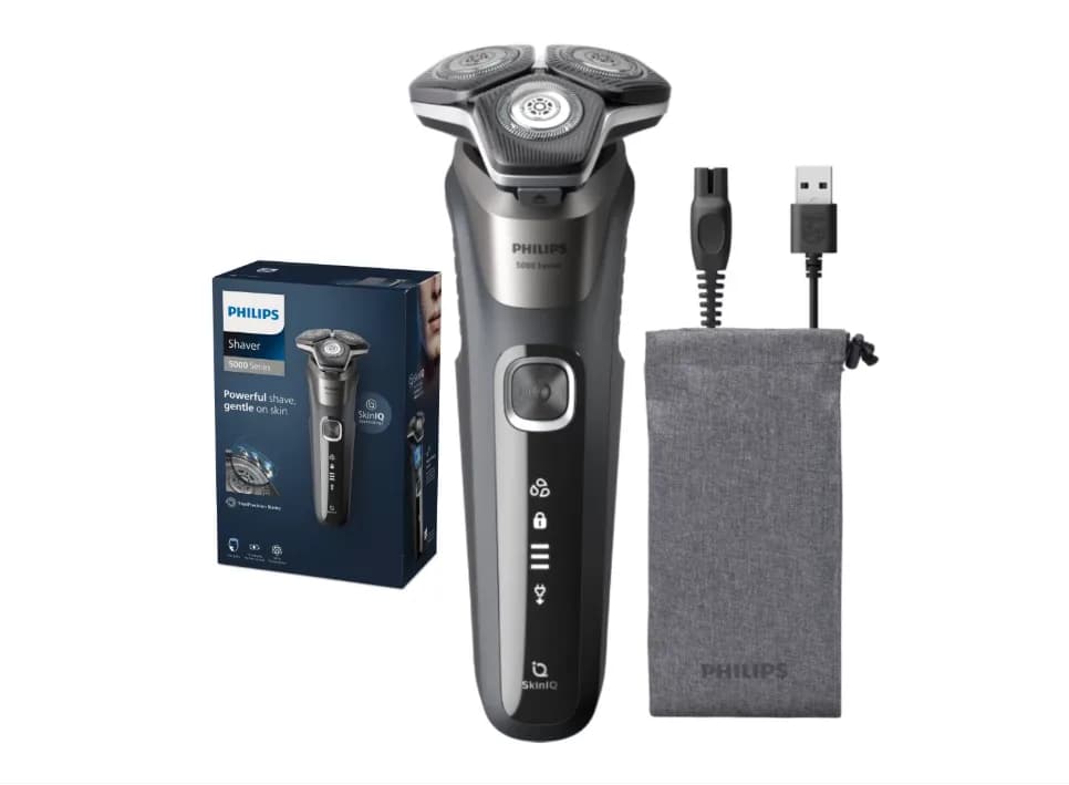 Aparat de barbierit PHILIPS Shaver Seria 5000 S5887/10, barbierit umed/uscat, tehnologie SkinIQ, fara fir, capete flexibile 360°, display LED, senzor Power Adapt, lame auto-ascutire, lama de tuns integrata, 60 min, husa, Gri carbon