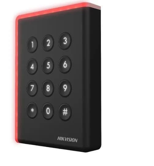 Cititor card cu tastatura Hikvision DS-K1108AMK, citeste carduri Mifare 13.56 MHz, distanta citire: ≤ 50 mm, comunicare: RS-485, Wiegand (W26, W34) si OSDP protocol, indicator LED de stare si alimentare, tamper, buzzer, alimentare 12VDC, IP65, dimensiuni: 123 mm × 88 mm × 21mm