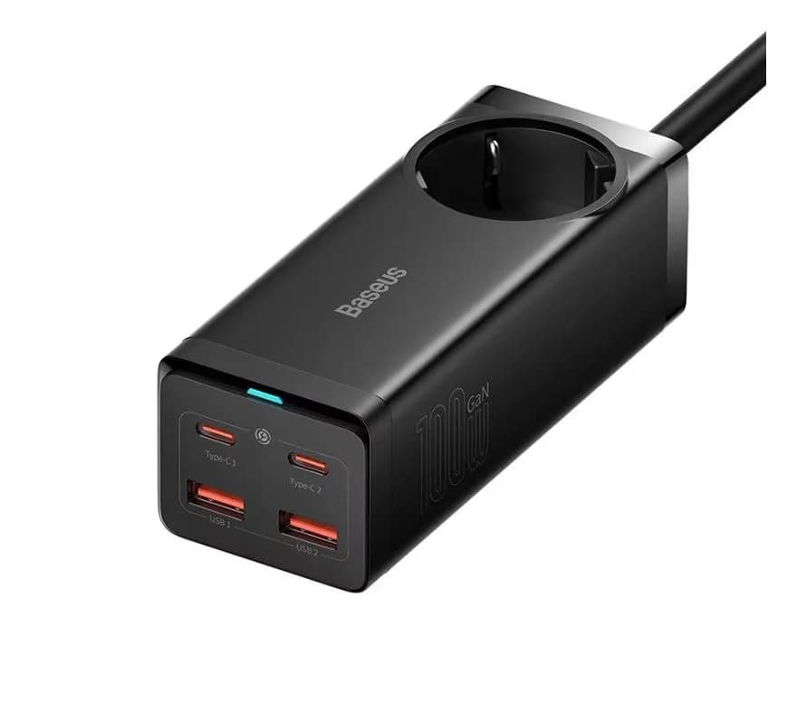 INCARCATOR RETEA Baseus GaN3 Pro Powerstrip,QC 100W,1xAC,2xUSB Type-C Output 5V/3A,2 x USB,include cablu USB Type-C la USB Type-C 100W, 1m, negru "PSZM000401" - 6932172604233