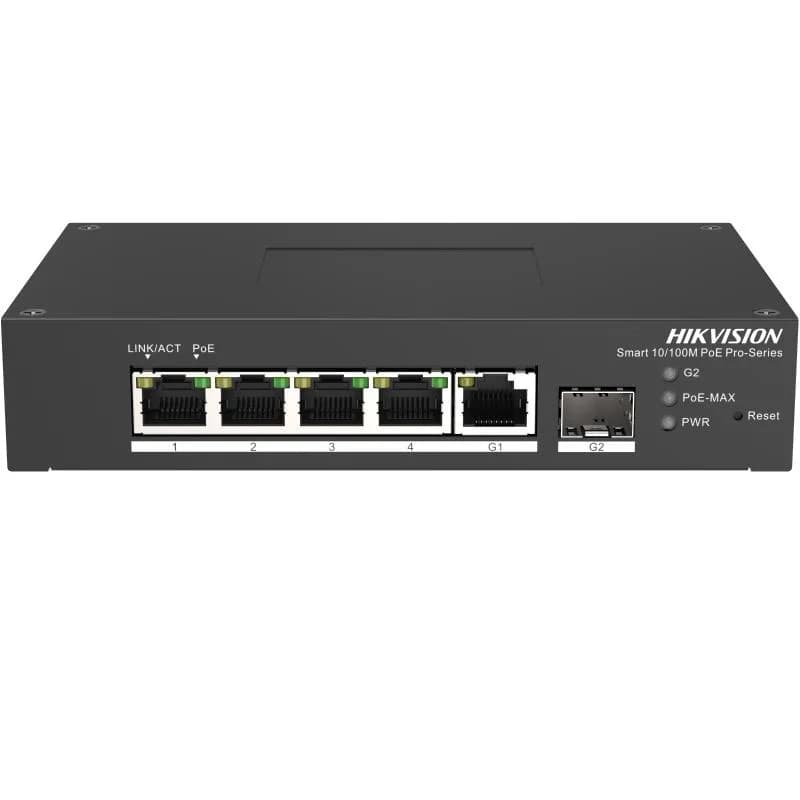 Switch PoE Hikvision DS-3T1306P-SI/HS: 4 × 10/100 Mbps PoE port,1 × Gigabit RJ45 port,1 × Gigabit fiber optical port, PoE: Ports 1 to 4 maxim 30W, buget PoE 60W, tensiune alimentare: 48VDC, 1.36A, dimensiuni: 158.00 mm × 101.20 mm × 31.60 mm, greutate: 1kg, montare pe birou sau sina.