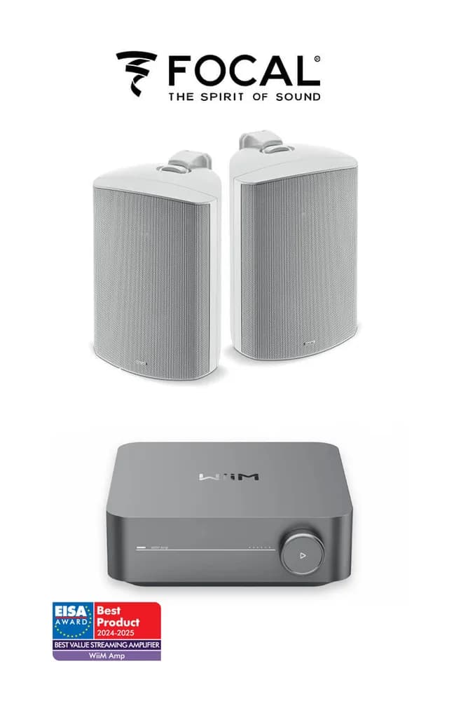Pachet sonorizare premium de Terasa cu WiiM AMP 120W si 2 boxe FOCAL 100 OD6 Alb, WiFi Streaming, Bluetooth - TG26