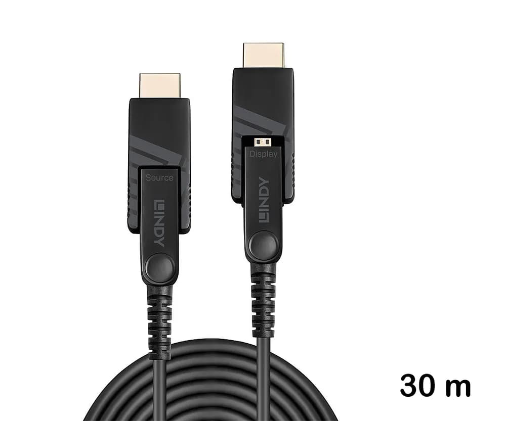 Cablu hibrid micro-HDMI 4K60 cu fibră optică de 30 m, cu conectori HDMI și DVI detașabili, Lindy 38322