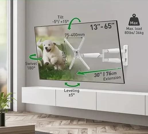 Suport TV de perete Barkan, cu brat 13"- 65", Max 36kg, VESA 400x400, alb