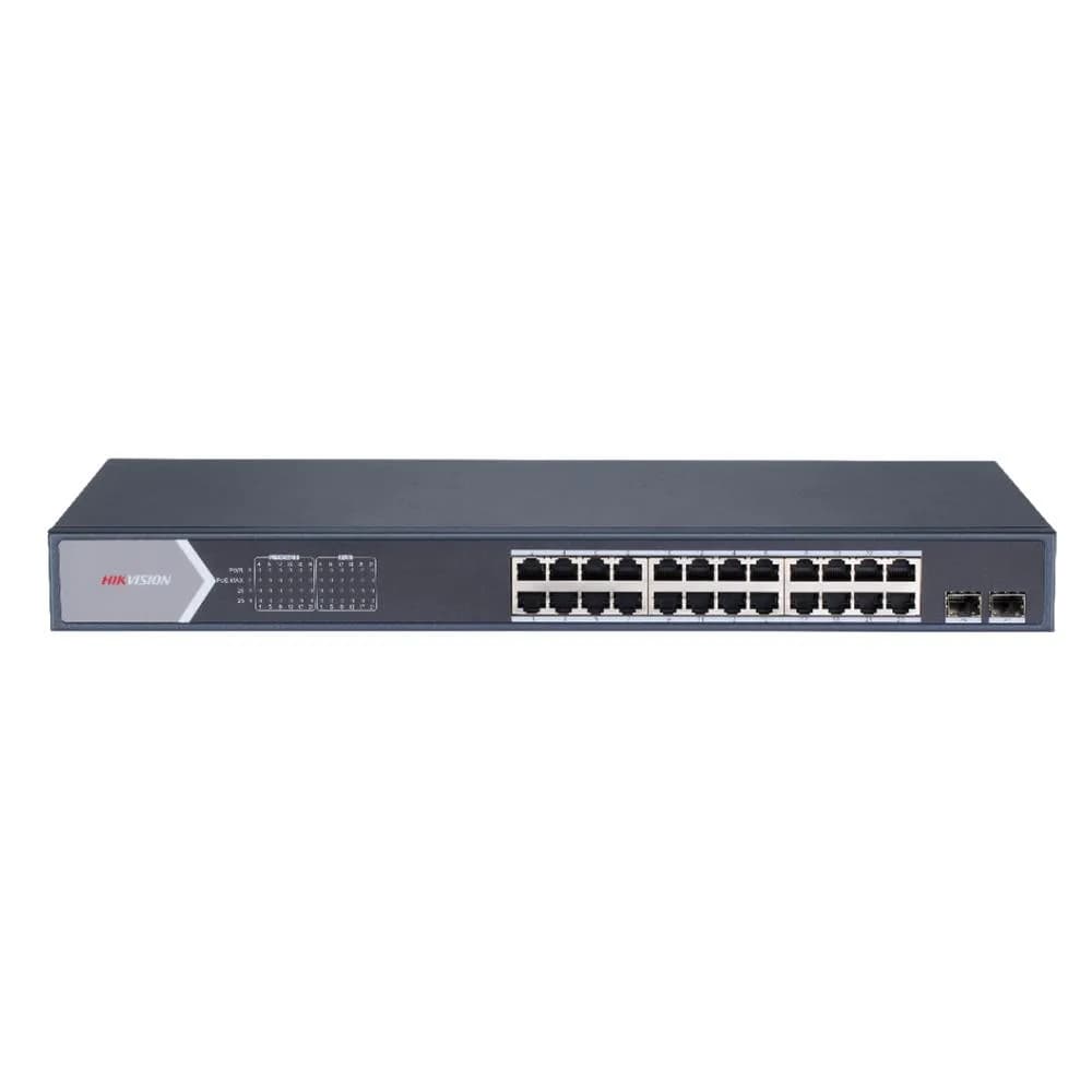 Switch 24 porturi Gigabit Hikvision DS-3E1526P-SI, L2, Smart Managed, 24 × gigabit PoE ports si 2 × gigabit fiber optical ports, Putere PoE 370W, maxim 30W per port, Extend mode - pana la 300 metri, Switching capacity 52 Gbps, PoE watchdog, network topology management, alarm push, network health
