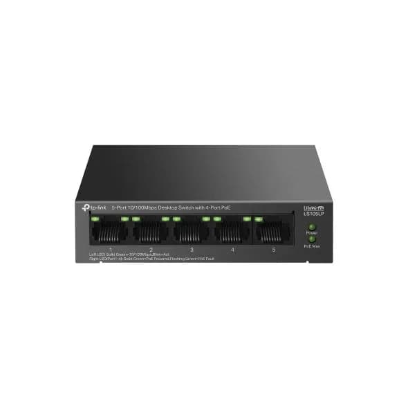"5-Port 10/100 Mbps Desktop Switch with 4-Port PoE PORT: 4× 10/100 Mbps PoE Ports, 1× 10/100 Mbps Non-PoE Port SPEC: 802.3af, 41 W PoE Power, Desktop Steel Case FEATURE: Extend Mode for 250m PoE Transmitting, PoE Auto Recovery, Plug and Play"