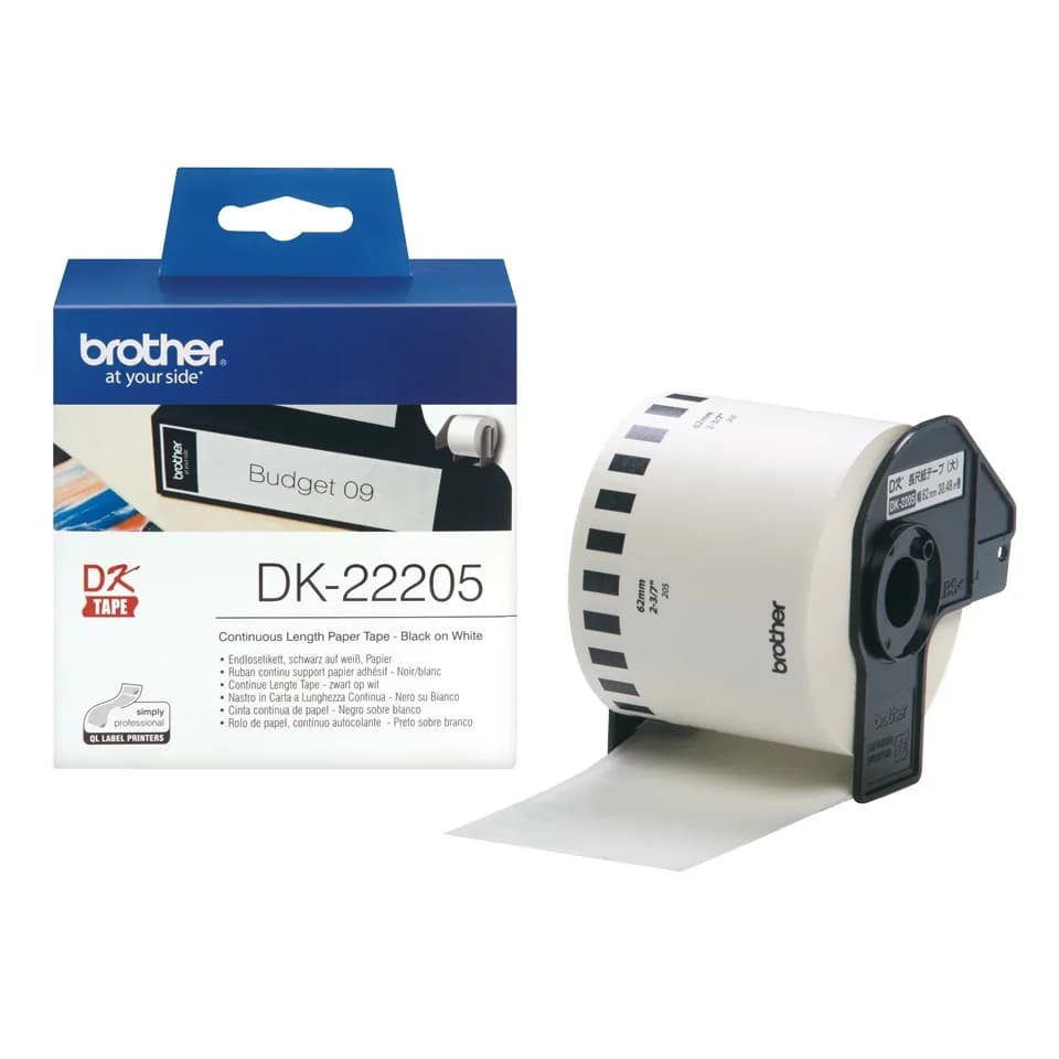 Banda Continua Hartie Original Brother Black on White, DK22205, pentru P-TOUCH QL-1100|1110|800|810|1050|1060|500|560|570|580|650|701, 62mmX30.48m, incl.TV 0 RON, "DK22205"